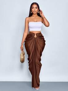 SOLERSUN Women's Fashion Solid Color Gathered Ruched Skirt - Coffee Brown - View 5