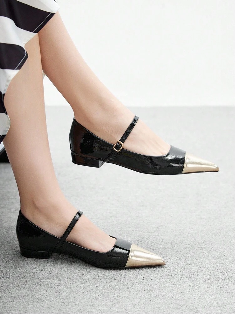 CUCCOO BIZCHIC 2025 Summer New French Mary Jane Fashion Color Block Pointed Toe Buckle Strap Flats For Women