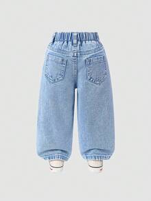 Baby Girls' Denim Wide Leg Pants, Sweet & Cute Casual Vacation Style, Recommended For School Outfit, Pink & Purple Butterfly Embroidered Felt Applique, Light Blue Washed Denim, Elastic Waistband For Comfort And Easy Wear, Loose Fit, Suitable For Home, Outings, Dates, Weekends, All-Year Versatile Denim Wide Leg Trousers Fall Winter - Light Wash - View 2