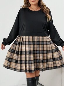 SHEIN CURVE+ Vestido de Moletom com Mangas Longas e Estampa Xadrez em Patchwork para Mulheres Plus Size, Adequado para Outono/Inverno