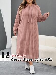 SHEIN CURVE+ Plus Size Women's Ribbed Fabric Long Sleeve Hooded Loose Dress