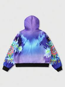ROMWE MEN Street Life Sudadera holgada con capucha de estampado tie-dye con eslogan y alienígena, de estilo casual y urbano para hombre, para primavera/otoño - Morado - Ver 2