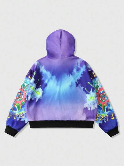 Street Life Sweat-shirt à capuche ample et décontracté pour homme, imprimé tie-dye, style streetwear, motif alien et slogan, épaules tombantes, printemps/automne