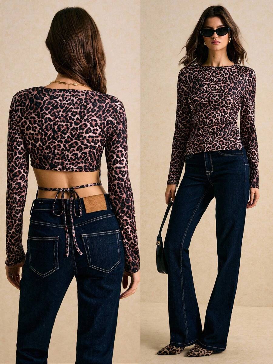 Poéselle Camiseta de mujer de moda con estampado de leopardo, parte delantera larga y parte trasera corta, top con estampado de guepardo, top para salir, nuevo año para mujeres, dinero viejo, elegante para mujeres, elegante para mujeres, otoño/invierno - Marrón - Ver 1