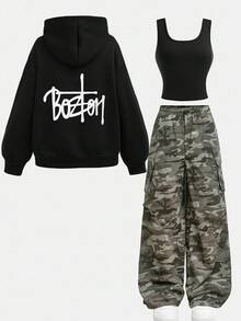 Girlism Teen Girls 3-Piece Set: Black Letter Knit Hoodie Sweatshirt, Black Tight Camisole Top, And Camo Print Cargo Pants, Casual Sports Outfit Fall Winter - Black - View 15