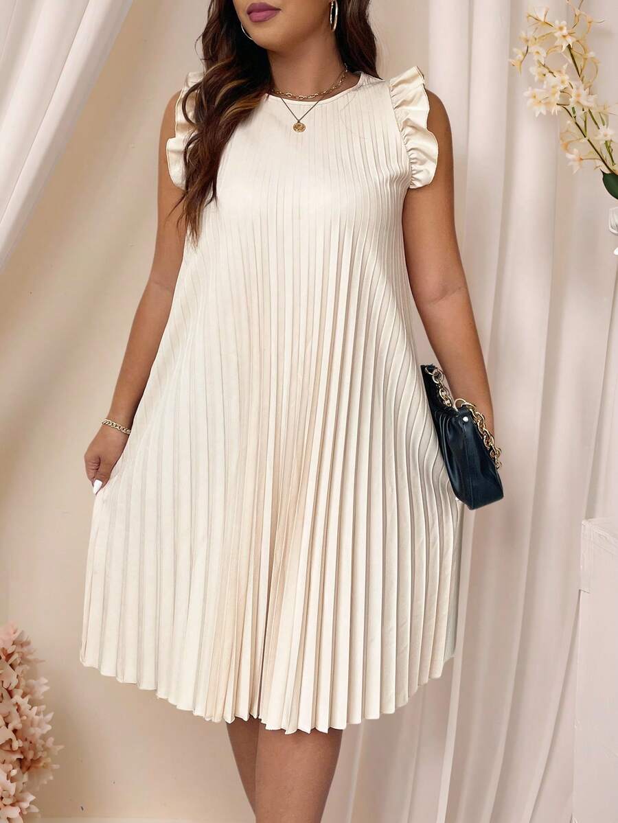 SHEIN Clasi Plus Ruffle Trim Pleated Dress - Khaki - View 1