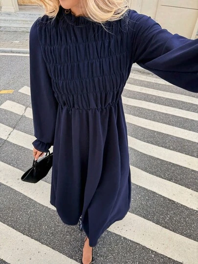 SHEIN Frenchy Fall Winter 2025 Women's Solid Color Pleated Long Sleeve Elegant Dress,Elastic Waist Dress,Imitation Denim Dress, Denim Blue Dress,Navy Blue Maxi Dress, Smocked Women Dress, Long Sleeve Blue Dress, Long Casual Dress, Modest Maxi Dress, French Style Dress,Long Sleeve Dresses Woman,Beige Dresses Women, Dress Modest,Elegant Party Dresses For Women,Elegant Dresses For Women , Spring/Autumn,New Year Dress ,Thanksgiving Dress ,Women Dresses Autumn Winter,Fashionable & Versatile, New Year Outfit ,Christmas Outfit For Women,Cozy Fall And Winter Clothes For Women ,French Style Clothes, Brunch Outfit, Commuting, Office , Minimalist, Elegant, Vintage, Perfect For Everyday Outfits, French Fashion Style Evening Dress