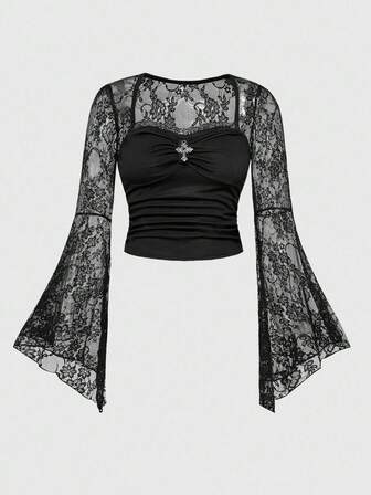 Goth Blusa da donna con scollo quadrato, maniche a sbuffo, patch in pizzo e motivo a croce gotico