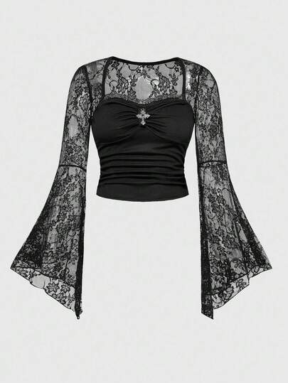Goth Christmas Gothic Cross Lace Patchwork Square Neck Flare Sleeve Women Top
