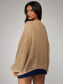 MISSGUIDED Oversized Chunky Knit Cardigan Fall Winter Long Sleeve Open Front Sweater Balloon Sleeve Cozy Casual Lounge Wear - Khaki - View 2