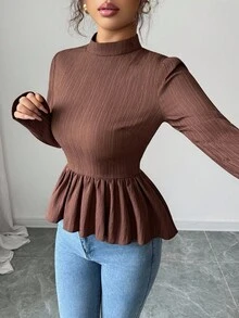 Elenzga Chemise à manches longues pour femmes, col Mao plissé, taille cintrée, ourlet évasé, lien dans le dos, en tissu plissé, couleur marron café, convient pour les sorties, les rendez-vous, les mariages et les fêtes