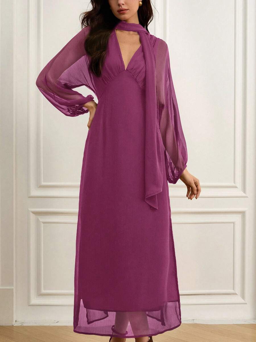 EMERY ROSE Váy dài tay cổ chữ V thanh lịch, tinh tế dành cho nữ, có dây buộc eo, thiết kế nhún bèo và viền xẻ cao, tối giản và sang trọng - Màu tím - Xem 1