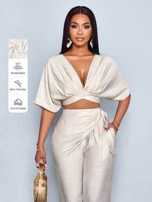 SOLERSUN Women's Boho Beach Linen Viscose Deep V Neck Backless Ruched Crop Tie Back Blouse,Suitable For Vacation