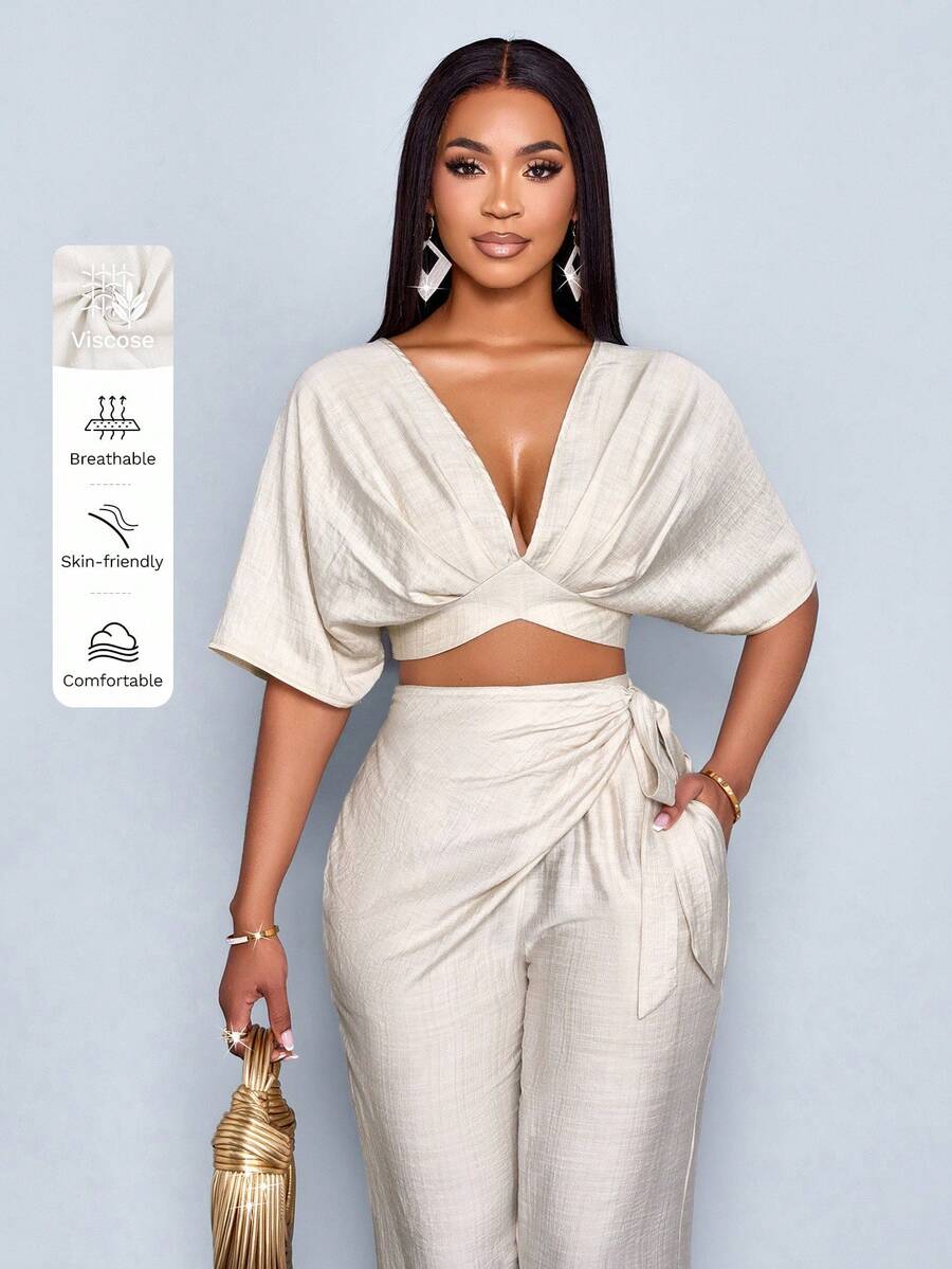 SOLERSUN Women's Boho Beach Linen Viscose Deep V Neck Backless Ruched Crop Tie Back Blouse,Suitable For Vacation