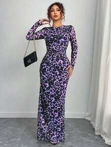 Rafferiza Women Elegant Leopard Print Fitted Mesh Sheer Long Sleeve Dress, Suitable For Spring And Autumn Maxi Women Outfit - Violet Purple - View 4
