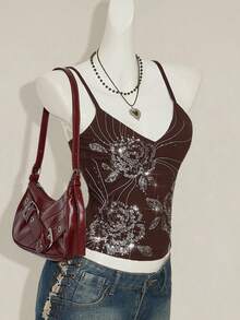 SHEIN ICON Áo hai dây thêu hoa sequin lấp lánh thời trang Boho cổ điển mùa hè Y2k dành cho nữ đi chơi - màu nâu - Xem 3