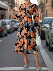 SHEIN Clasi Vintage Maple Leaf V-Neck Long Sleeve Dress For Women, Suitable For Autumn/Winter - Multicolor - View 5