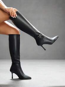 CUCCOO SZL 女式尖头细跟及膝靴，带侧拉链和带扣装饰，PU 材质，黑色 - 黑色 - 查看 1