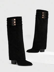 CUCCOO SZL Cuccoo 尖头过膝粗跟高筒靴，性感女式马靴 - 黑色 - 查看 5