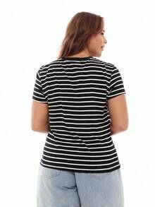 Solavibe Plus Striped Heart Embroidery Detail Tee, Summer/Valentine's Day - Black - View 5