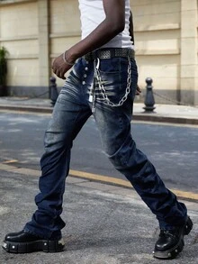 ROMWE MEN Street Life Men's Heavy-Weight Distressed Layered Washed Denim Jeans - Blue - View 5