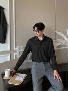 Manfinity Homme Men's Solid Color Long Sleeve Casual/Business Loose Fit Polo Shirt, For Fall