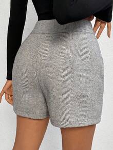 EMERY ROSE Herringbone Button Front Shorts - Grey - View 3