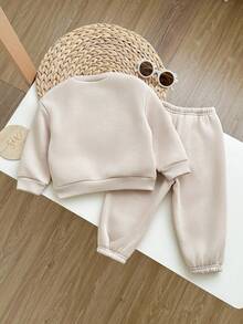 SHEIN 2pcs Baby Girl Cute Grey Letter Print Long Sleeve Sweatshirt And Pants Set, Autumn/Winter Fall - Apricot - View 2