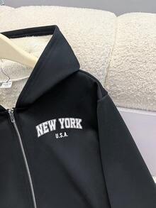 SHEIN 少女黑色毛绒连帽运动衫，保暖内衬夹克，适合女孩的秋冬服装 - 彩色 - 查看 4