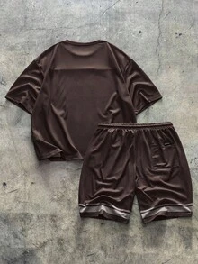 AXEPEAK 男士数码印花网眼宽松短袖T恤套装 - 棕色 - 查看 2