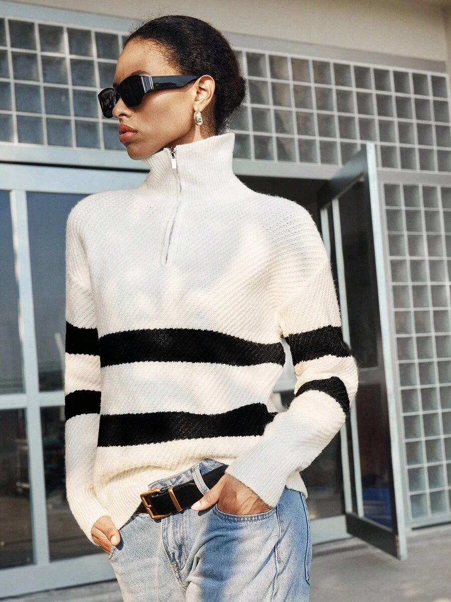 SHEIN LUNE 女士休闲时尚简约通勤百搭宽松拉链领罗纹套头毛衣,秋冬 - 白色 - 查看 1