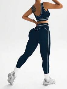 Dewbera 2件套女士运动胸罩和紧身裤套装 - 藏蓝色 - 查看 3