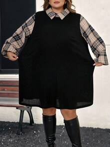 SHEIN CURVE+ Plus-Size Women's Winter Casual Checkered Floral A-Line Dress