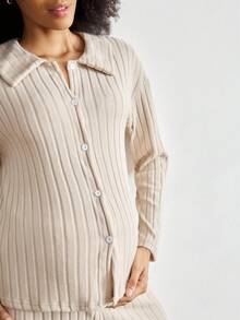BloomMama Maternity Brushed Autumn/Winter Comfortable Ribbed Collar Button Front Long Sleeve Top & Pants Pajama Set, Easy Comfort Chic, Fall Clothes, Cozy Outfit - Khaki - View 5