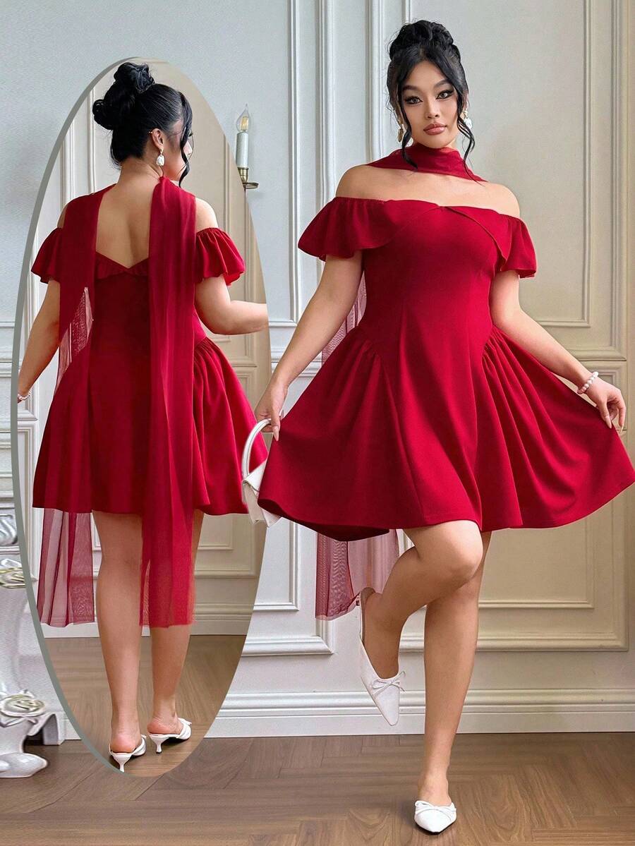 Roveilla Váy ngắn hở vai lãng mạn thanh lịch cỡ lớn dành cho nữ có dây thắt lưng, váy Giáng sinh ngắn xếp nếp, váy ôm eo, váy đỏ gợi cảm, váy sinh nhật, váy lãng mạn, váy dự tiệc - Đỏ - Xem 1