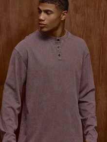 Musero 长袖水洗微褶纽扣宽松T恤 秋冬/春夏 - 咖啡棕 - 查看 3