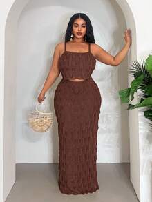 Veslaya 2025 New Sexy/Vacation/Elegant Sleeveless Hollow-Out Cropped Top And Bodycon Maxi Skirt Set - Brown - View 3