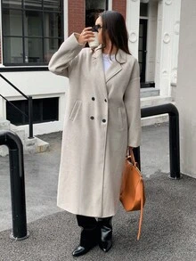 DAZY 女士优雅宽松长款大衣，秋冬款 - 杏色 - 查看 11