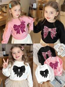 年轻女孩休闲时尚创意蝴蝶结可爱图案印花圆领卫衣，年轻女孩街头风格秋季服装，秋冬 - 彩色 - 查看 3