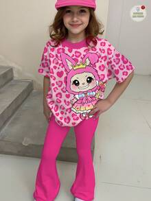 2pcs Tween Girls Casual Cute Cartoon Print, Pink Leopard Pattern, Sweet Short Sleeve T-Shirt And Pants Set, Suitable For Summer - Multicolor - View 2