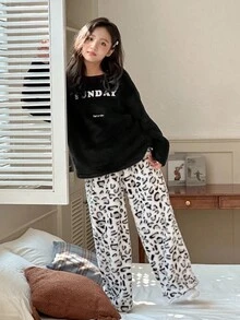 DAZY 2pcs Tween Girl Tween Girls Fleece Crew Neck Letter Embroidered Sweatshirt And Pants Homewear Set, Autumn/Winter - Black - View 8