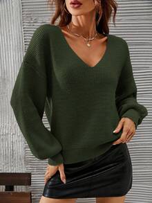 SHEIN Frenchy 女式纯色 V 领落肩长袖宽松套头衫，秋冬 - 軍綠色 - 查看 5