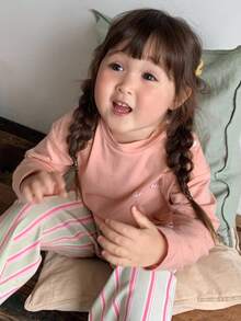 DAZY 2 件套幼儿女童圆领休闲短袖 T 恤和条纹宽松裤睡衣套装 - 淺粉色 - 查看 4