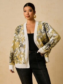 Travachic Plus Size Cardigan Sweater, Women's Winter Sweater Fall Clothes For Women, New Year Outfit, Thanksgiving Outfit For Women, Elegant Women's Blouses, Casual Blouses For Women, Brown Top Warm And Comfortable Sweater, Yellow Floral Patterned Knitted Jacket Containing Wool