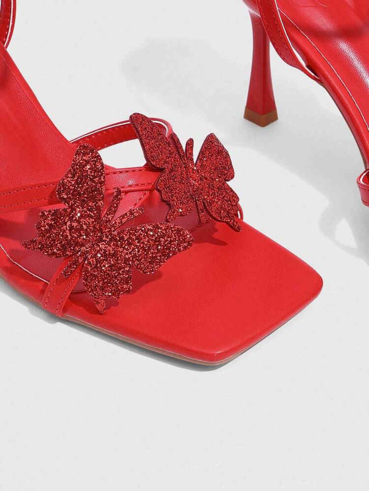 CUCCOO SZL Women's High Heel Sandals With Butterfly Element, Multi-Strap Square Toe Stiletto Heel Backless Sandals, Sexy Red Leather High Heel Sandals