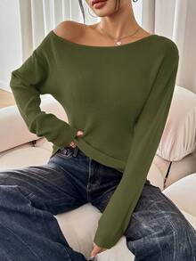 SHEIN SXY 女款純色不對稱肩休閒百搭日常穿著長袖針織衫 - 綠色 - 查看 9