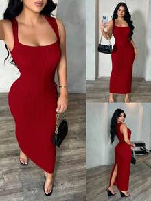 SHEIN SXY Women's Khaki Elegant Minimalist Square Neck Sleeveless Fitted Maxi Dress, Professional/Office/Commute/Formal Wear Bodycon Midi Dress Bandage Dress For Women Bodycon Summer Dress,Dresses For Women Party,Christmas