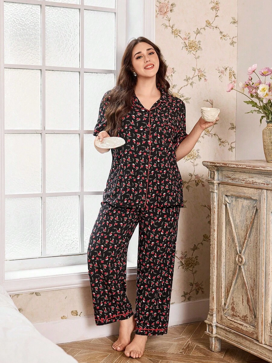 CottageSlumber Plus Size Ditsy Floral Ruffle Collar Open Front Pajama Set - Multicolor - View 1