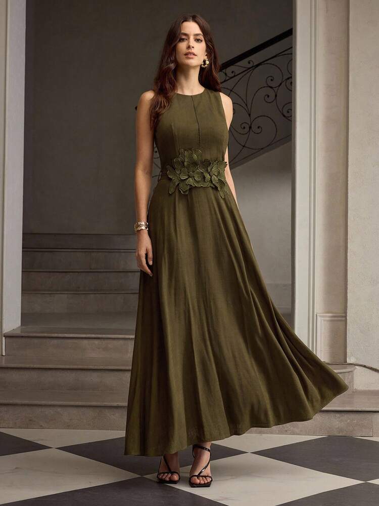 ZEYLAH VESTIDO DE LINO SIN MANGAS DE CUELLO REDONDO PARA VACACIONES DE VERANO - Verde militar - Añade 4