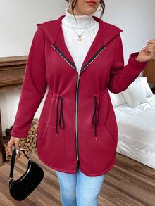 Calvaya Plus Size Women Casual Solid Color Zip-Up Long Sleeve Jacket - Red - View 3